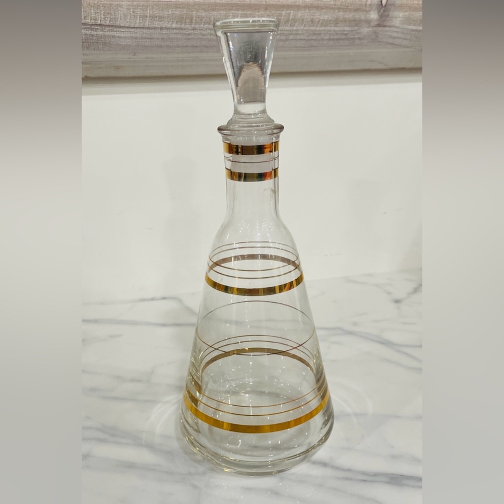 Vintage Decanter Crystal Glass Gold Rings Etched Stripes MCM  With Glass Stopper
